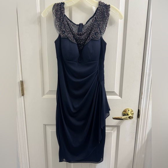 Xscape Navy Dress with Beaded Shoulders - Picture 1 of 13